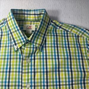 Cutter & Buck Medium Plaid Button Down Polo with Chest Pocket Green Yellow Blue